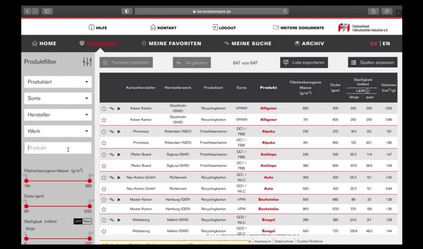 FFI Faltschachtelkarton-Datenbank