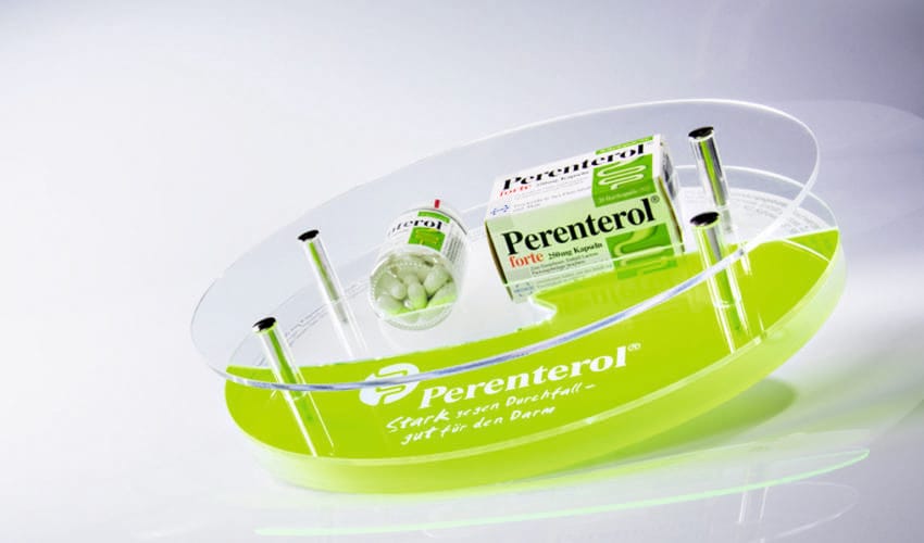 POS_andres_Zahlteller_Perenterol Bezahlen und sehen: Echtglas und Acrylglas machen diesen Depot-Zahlteller zum Hingucker auf dem Verkaufstresen. Foto: andres