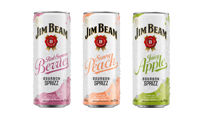 Erfrischendes Mixgetränk ready to drink: Der neue Jim Beam Bourbon Sprizz ist in drei Geschmacksrichtungen erhältlich. Foto: Beam Suntory